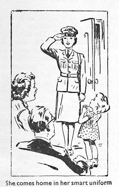 She comes home in her smart uniform, 1940