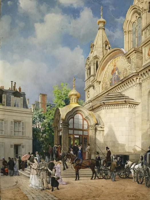 Framed Print : Coming out of a Church, 1870s-1880s. Artist: Villie, Mikhail Yakovlevich (1838-1910) Framed Print : Coming out of a Church, 1870s-1880s. Artist: Villie, Mikhail Yakovlevich (1838-1910)