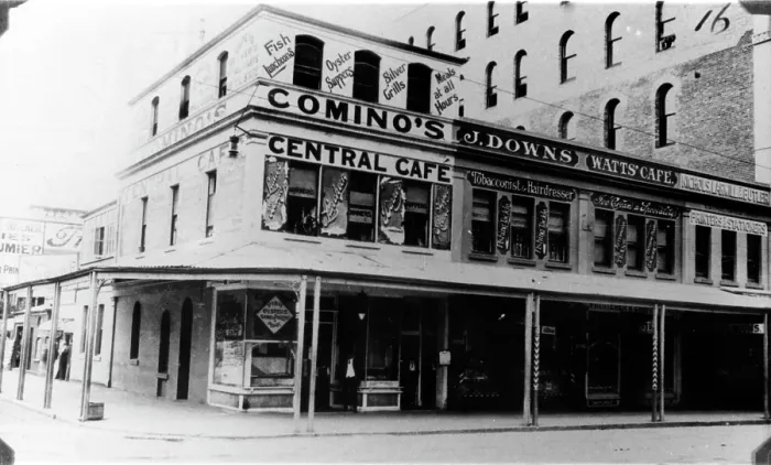 Framed Print : Comino's Central Cafe on the corner of Edward and Adelaide Streets, Brisbane, c1910 Framed Print : Comino's Central Cafe on the corner of Edward and Adelaide Streets, Brisbane, c1910