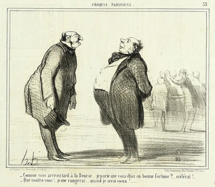 Framed Print : Comme vous arrivez tard à la Bourse... 1857. Creator: Honore Daumier Framed Print : Comme vous arrivez tard à la Bourse... 1857. Creator: Honore Daumier