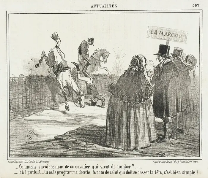 Framed Print : Comment savoir le nom de ce cavalier qui vient de tomber?... 1857. Creator: Cham Framed Print : Comment savoir le nom de ce cavalier qui vient de tomber?... 1857. Creator: Cham