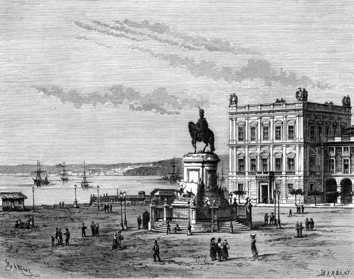 Framed Print : Commerce Square, Lisbon, Portugal, 19th century. Artist: Charles Barbant Framed Print : Commerce Square, Lisbon, Portugal, 19th century. Artist: Charles Barbant