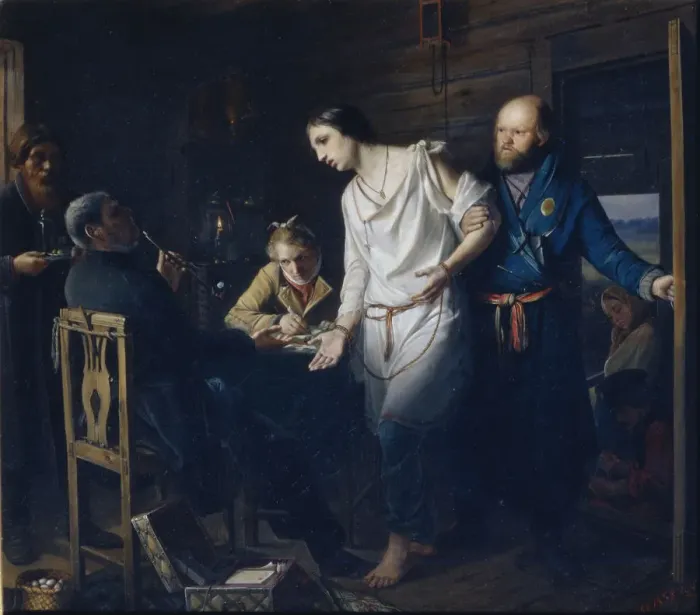 Framed Print : Commissary of Rural Police Investigating, 1857. Artist: Perov, Vasili Grigoryevich (1834-1882) Framed Print : Commissary of Rural Police Investigating, 1857. Artist: Perov, Vasili Grigoryevich (1834-1882)