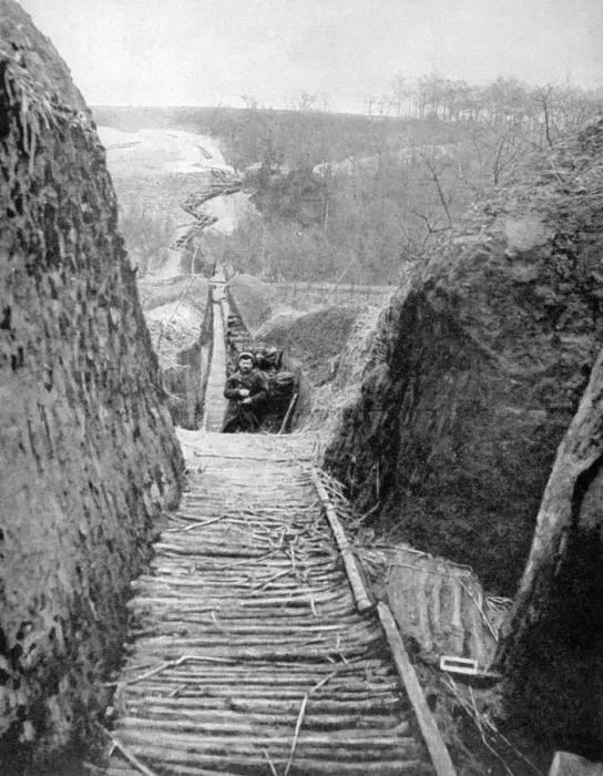 Framed Print : A communication trench and path towards the front, France, World War I, 1915 Framed Print : A communication trench and path towards the front, France, World War I, 1915