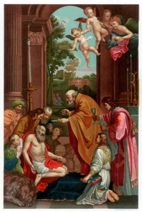 Framed Print : Last Communion of Saint Jerome, 1614 (1870). Artist: Franz Kellerhoven Framed Print : Last Communion of Saint Jerome, 1614 (1870). Artist: Franz Kellerhoven