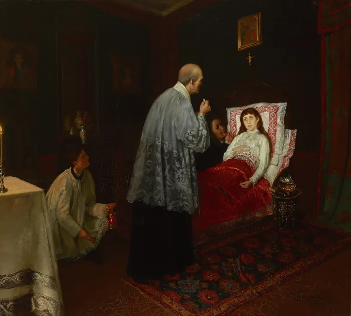 Framed Print : Communion of a Sick Woman, 1888. Creator: Wincenty Trojanowski Framed Print : Communion of a Sick Woman, 1888. Creator: Wincenty Trojanowski