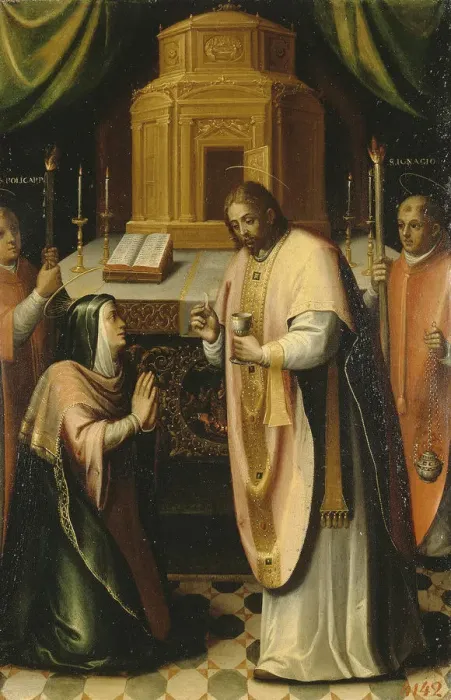 Framed Print : The Communion of the Virgin, Between 1586 and 1589. Artist: Barroso, Miguel (1538-1590) Framed Print : The Communion of the Virgin, Between 1586 and 1589. Artist: Barroso, Miguel (1538-1590)