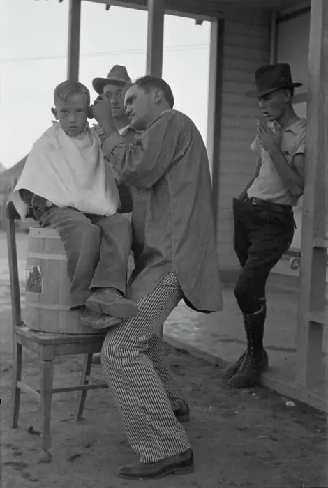 Framed Print : Community barber shop in Kern County migrant camp, California, 1936. Creator: Dorothea Lange Framed Print : Community barber shop in Kern County migrant camp, California, 1936. Creator: Dorothea Lange