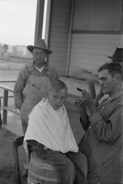 Framed Print : Community barber shop in Kern County migrant camp, California, 1936. Creator: Dorothea Lange Framed Print : Community barber shop in Kern County migrant camp, California, 1936. Creator: Dorothea Lange