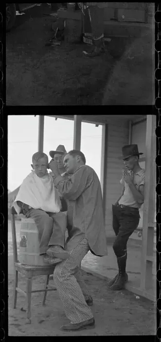 Framed Print : Community barber shop in Kern County migrant camp, California, 1936. Creator: Dorothea Lange Framed Print : Community barber shop in Kern County migrant camp, California, 1936. Creator: Dorothea Lange
