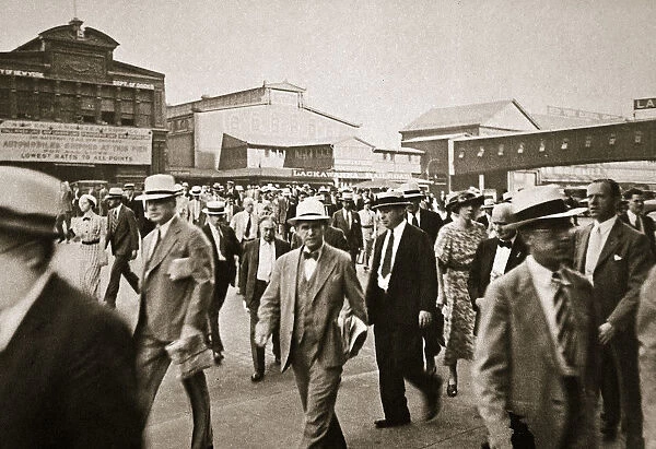 Commuters from New Jersey crossing West Street from the Hoboken ferry, New York, USA, early 1930s