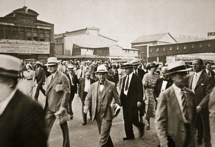 Framed Print : Commuters from New Jersey crossing West Street from the Hoboken ferry, New York, USA, early 1930s Framed Print : Commuters from New Jersey crossing West Street from the Hoboken ferry, New York, USA, early 1930s