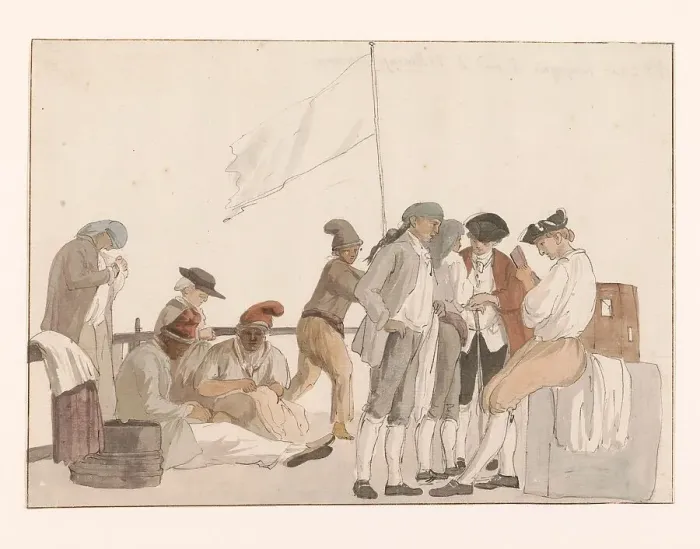 Framed Print : Company on board ship l'Heureuse Marianne, 1778. Creator: Louis Ducros Framed Print : Company on board ship l'Heureuse Marianne, 1778. Creator: Louis Ducros