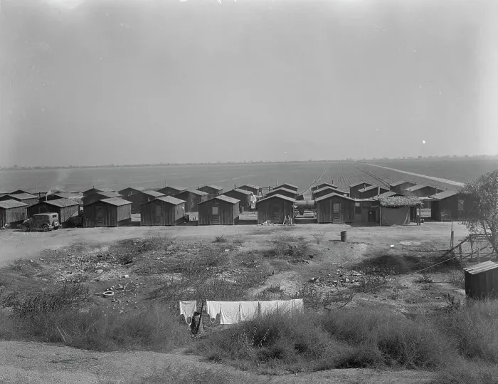 Framed Print : Company housing for Mexican cotton pickers, South of Corcoran, California, 1936. Creator: Dorothea Lange Framed Print : Company housing for Mexican cotton pickers, South of Corcoran, California, 1936. Creator: Dorothea Lange