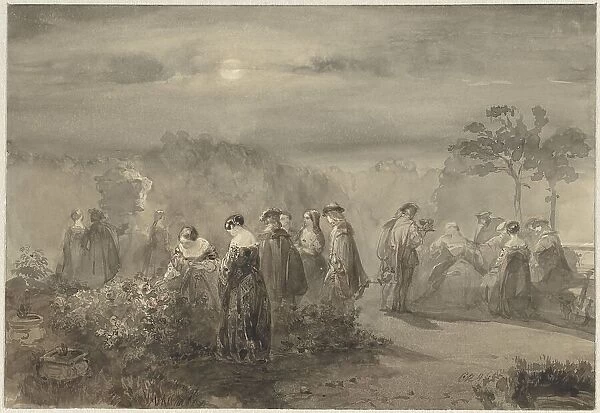 Company of ladies and gentlemen in a court with rose bushes that are lit by the moon, 1847. Creator: Charles Rochussen
