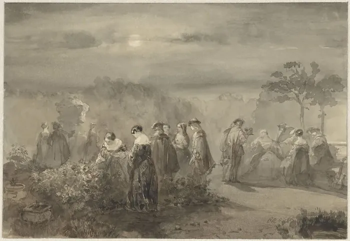 Framed Print : Company of ladies and gentlemen in a court with rose bushes that are lit by the moon, 1847. Creator: Charles Rochussen Framed Print : Company of ladies and gentlemen in a court with rose bushes that are lit by the moon, 1847. Creator: Charles Rochussen