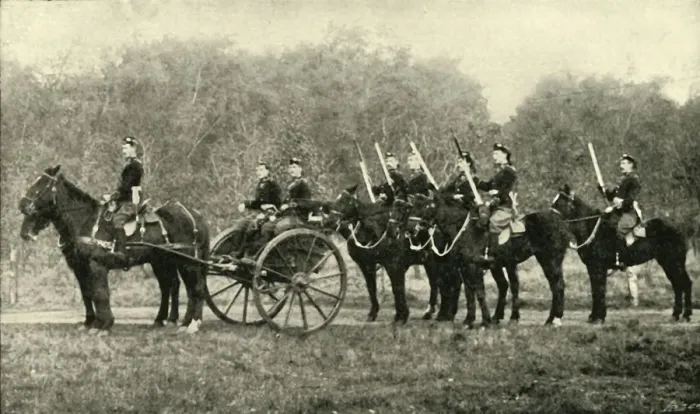 Framed Print : Complete Machine Gun Detachment of Mounted Infantry, 1900. Creator: Eldridge Framed Print : Complete Machine Gun Detachment of Mounted Infantry, 1900. Creator: Eldridge