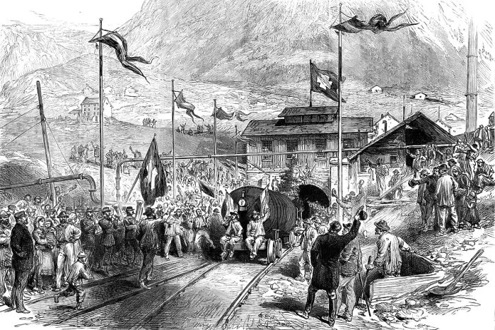 Framed Print : Completion of the St. Gothard Tunnel: arrival at Airolo of the first train…, 1880. Creator: Unknown Framed Print : Completion of the St. Gothard Tunnel: arrival at Airolo of the first train…, 1880. Creator: Unknown