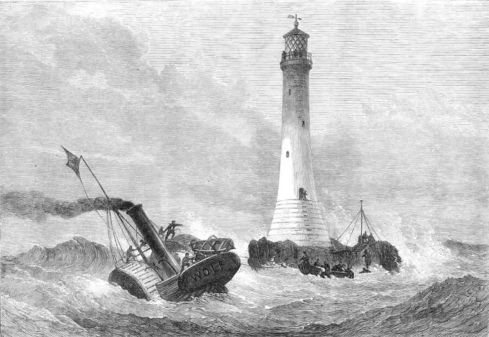 Framed Print : Completion of the Wolf-Rock Lighthouse: putting the keepers on the Rock, 1870. Creator: Unknown Framed Print : Completion of the Wolf-Rock Lighthouse: putting the keepers on the Rock, 1870. Creator: Unknown