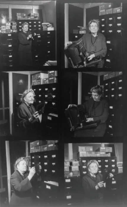 Framed Print : Composite of 6 contact photoprints of Frances Benjamin Johnston in her office... 1940s. Creator: Frances Benjamin Johnston Framed Print : Composite of 6 contact photoprints of Frances Benjamin Johnston in her office... 1940s. Creator: Frances Benjamin Johnston