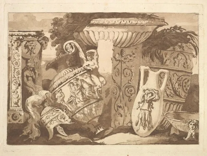 Framed Print : Composition with the Antique Fragments and a Leaning Vase, from Recueil de Compositions Framed Print : Composition with the Antique Fragments and a Leaning Vase, from Recueil de Compositions