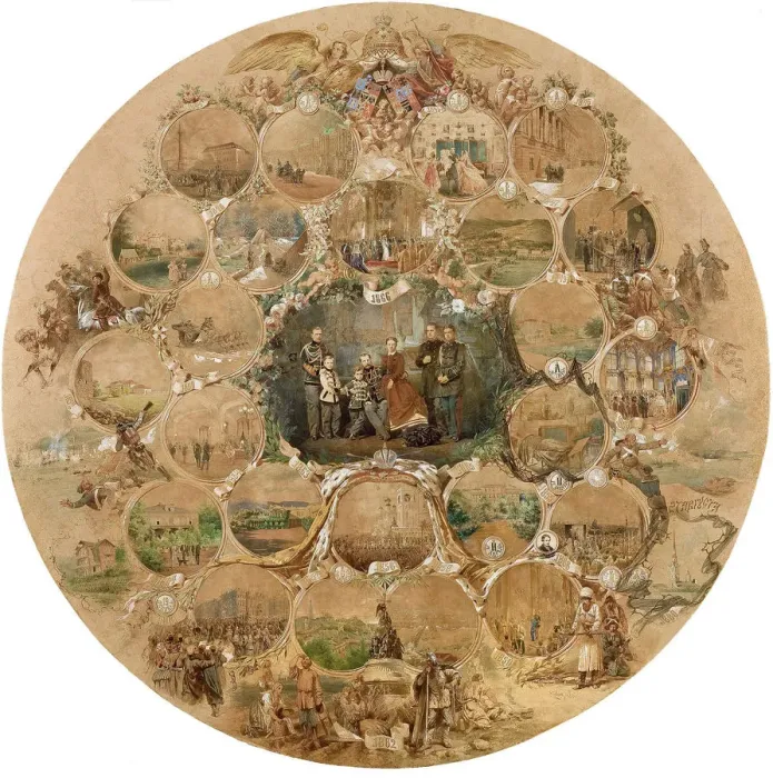 Framed Print : Composition to the celebration of the silver wedding of Emperor Alexander II, 1866. Artist: Zichy, Mihaly (1827-1906) Framed Print : Composition to the celebration of the silver wedding of Emperor Alexander II, 1866. Artist: Zichy, Mihaly (1827-1906)