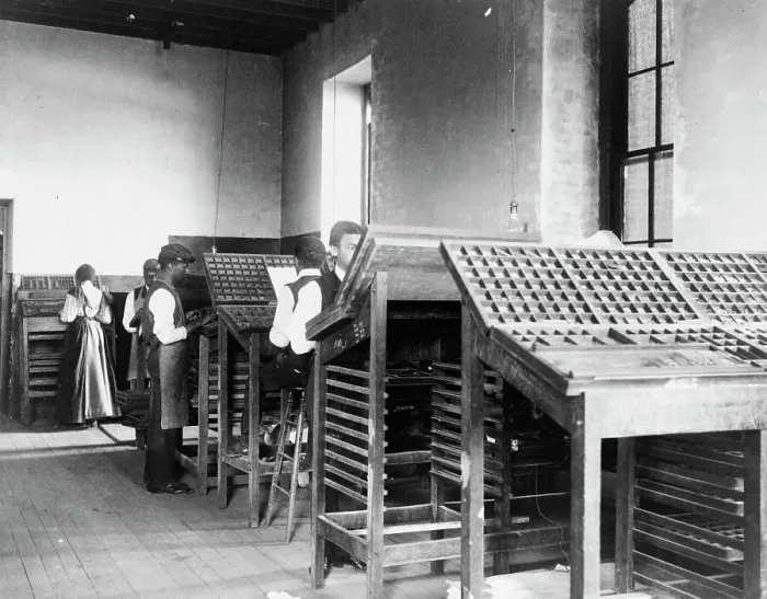 Framed Print : Compositors working in printing shop, Hampton Institute, Hampton, Virginia, 1899 or1900. Creator: Frances Benjamin Johnston Framed Print : Compositors working in printing shop, Hampton Institute, Hampton, Virginia, 1899 or1900. Creator: Frances Benjamin Johnston