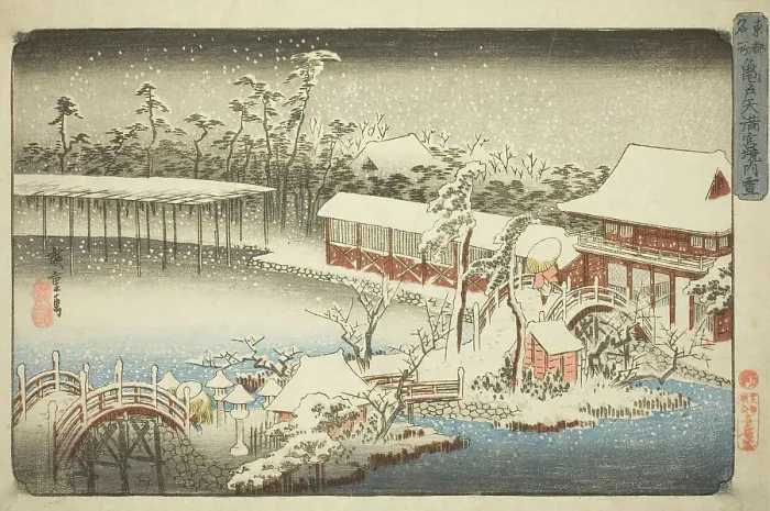 Framed Print : The Compound of the Tenman Shrine at Kameido in the Snow (Kameido Tenmangu keidai no... c. 1832 / 38. Creator: Ando Hiroshige)