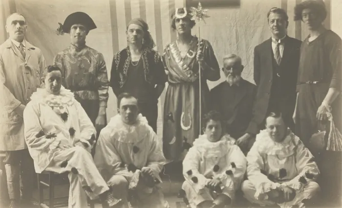 Framed Print : Concert party performers, some in drag, pose for a group portrait, (between 1910 and 1919?). Creator: Unknown Framed Print : Concert party performers, some in drag, pose for a group portrait, (between 1910 and 1919?). Creator: Unknown