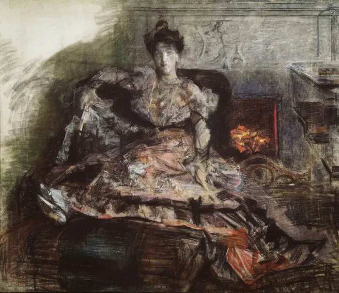 Framed Print : After the Concert. Portrait of N. Zabela-Vrubel at the fireplace in a dress designed by Vrubel, 1905. Artist: Vrubel, Mikhail Alexandrovich (1856-1910) Framed Print : After the Concert. Portrait of N. Zabela-Vrubel at the fireplace in a dress designed by Vrubel, 1905. Artist: Vrubel, Mikhail Alexandrovich (1856-1910)