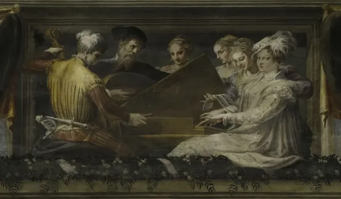 Framed Print : Concert with violin, lute and spinet, 1550-1552. Creator: Niccolo dell Abate (1509 / 12-1571) Framed Print : Concert with violin, lute and spinet, 1550-1552. Creator: Niccolo dell Abate (1509 / 12-1571)