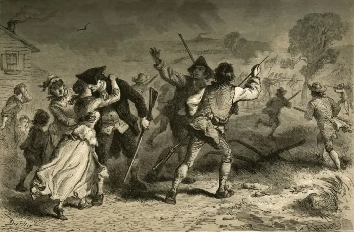 Framed Print : Concord - The First Blow for Liberty, (1877). Creator: Albert Bobbett Framed Print : Concord - The First Blow for Liberty, (1877). Creator: Albert Bobbett