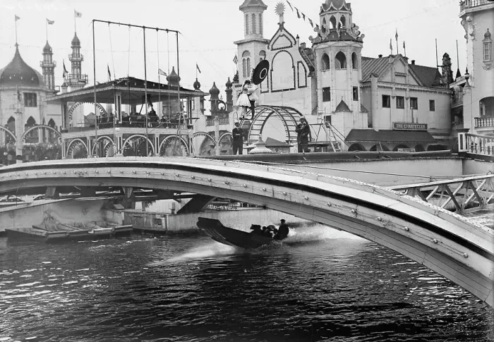 Framed Print : Coney Island, in Luna Park; Wire walkers & the Chute Boat, between c1910 and c1915. Creator: Bain News Service Framed Print : Coney Island, in Luna Park; Wire walkers & the Chute Boat, between c1910 and c1915. Creator: Bain News Service