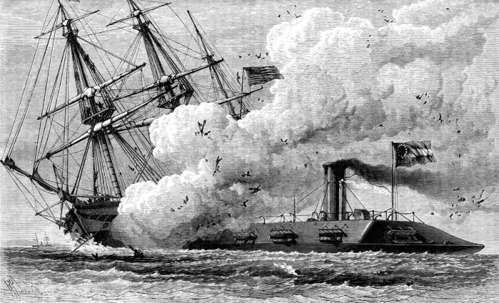 Framed Print : The Confederate ironclad Merrimac sinking the USS Cumberland, 1862 (c1880) Framed Print : The Confederate ironclad Merrimac sinking the USS Cumberland, 1862 (c1880)