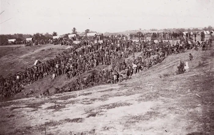 Framed Print : Confederate Prisoners at Belle Plain, 1863. Creator: Tim O Sullivan Framed Print : Confederate Prisoners at Belle Plain, 1863. Creator: Tim O Sullivan