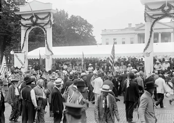 Framed Print : Confederate Reunion - President And Mrs. Wilson; Marshall, Etc. Reviewing Parade From Stand... 1917 Creator: Harris & Ewing. Confederate Reunion - President And Mrs. Wilson; Marshall, Etc