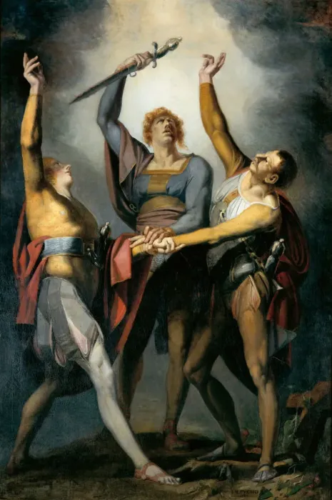 Framed Print : The three confederates in the oath on the Rütli, 1779-1781. Creator: Füssli (Fuseli) Framed Print : The three confederates in the oath on the Rütli, 1779-1781. Creator: Füssli (Fuseli)