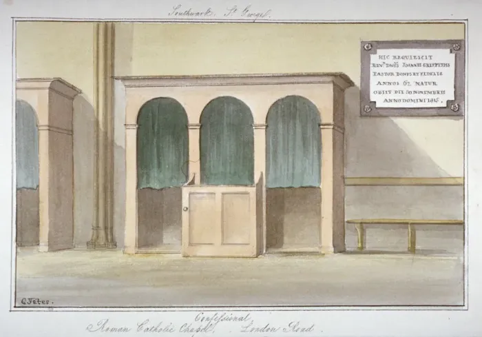 Framed Print : The confessional in the Roman Catholic Chapel on London Road, Southwark, London, 1825 Framed Print : The confessional in the Roman Catholic Chapel on London Road, Southwark, London, 1825