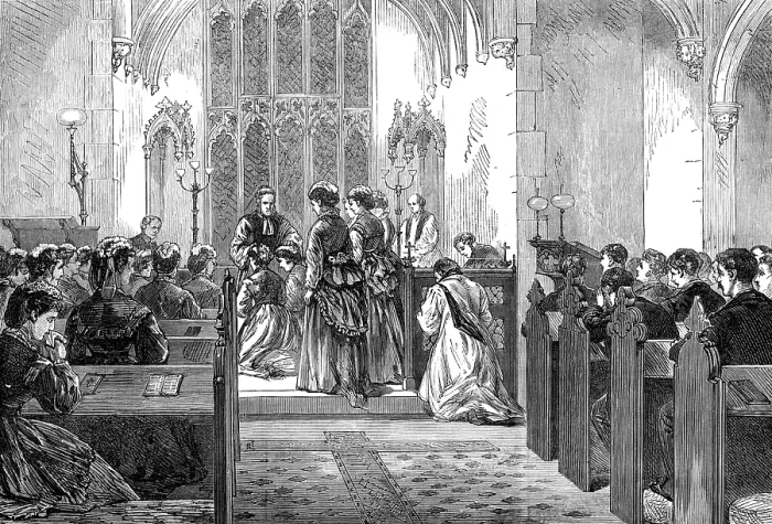 Framed Print : Confirmation by the Bishop of London at the Brompton Hospital for Consumption, 1874. Creator: Unknown