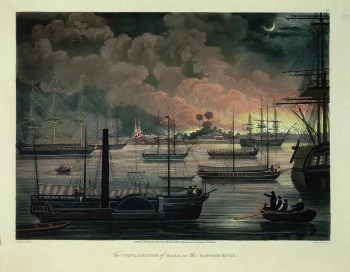 Framed Print : The Conflagration of Dalla on the Rangoon River, 1825. Creator: Joseph Moore Framed Print : The Conflagration of Dalla on the Rangoon River, 1825. Creator: Joseph Moore