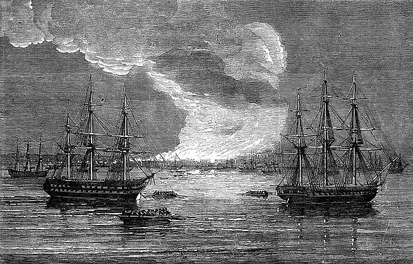 Conflagration at Varna: French Line-of-Battle ship 'Bayard' - H.M. Frigate 'Leander', 1854. Creator: Unknown. Conflagration at Varna: French Line-of-Battle ship 'Bayard' - H.M. Frigate 'Leander', 1854. Creator: Unknown