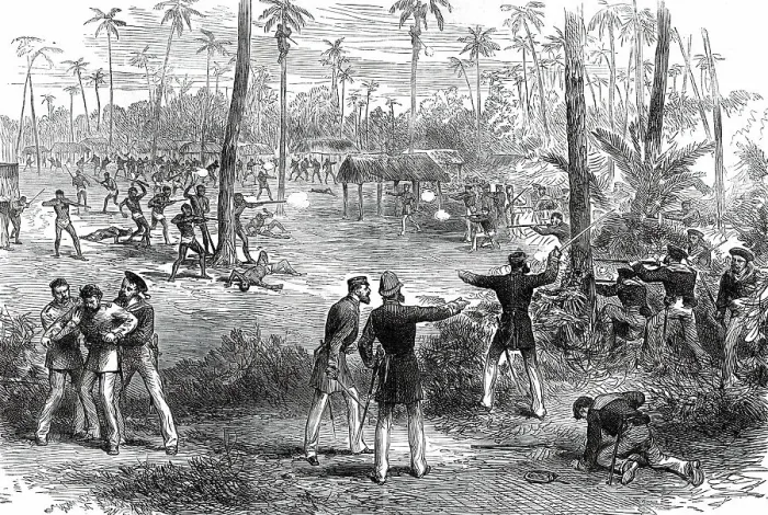 Framed Print : Conflict between the Natives of Samoa and the Crew of H.M.S. Barracouta, 1876. Creator: Unknown Framed Print : Conflict between the Natives of Samoa and the Crew of H.M.S. Barracouta, 1876. Creator: Unknown