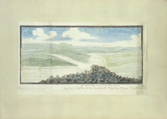 Framed Print : The confluence of the Caledon and Orange Rivers, seen from the south-west, 1777. Creator: Robert Jacob Gordon Framed Print : The confluence of the Caledon and Orange Rivers, seen from the south-west, 1777. Creator: Robert Jacob Gordon