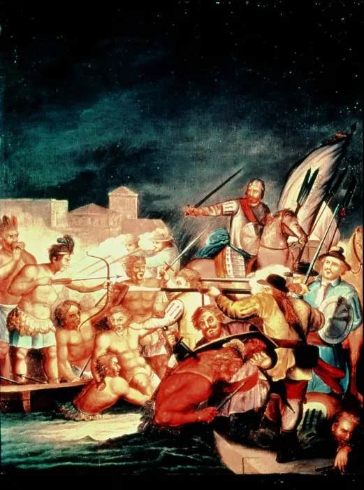 Framed Print : Conquest of Mexico, fighting between Indian and Spanish Framed Print : Conquest of Mexico, fighting between Indian and Spanish