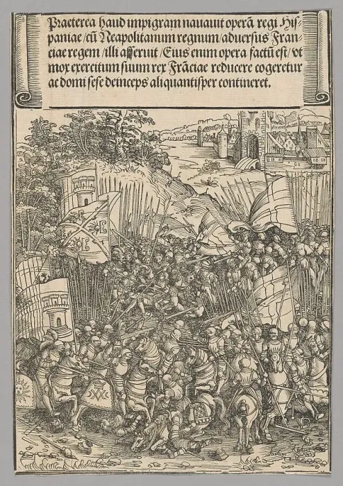 Framed Print : Conquest of Naples, plate 17 from Historical Scenes from the Life of Emperor... printed c. 1520. Creator: Wolf Traut Framed Print : Conquest of Naples, plate 17 from Historical Scenes from the Life of Emperor... printed c. 1520. Creator: Wolf Traut