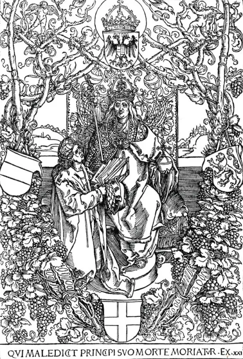 Framed Print : Conrad Celtes Presenting His Book Quatuor Libri Amorum to Maximilian I, 1502 (1906). Artist: Albrecht Durer