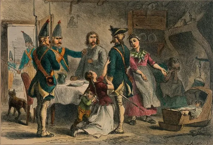 Framed Print : Conscription of German Soldiers for Service in America, c19th century. Artist: A Bobbell Framed Print : Conscription of German Soldiers for Service in America, c19th century. Artist: A Bobbell