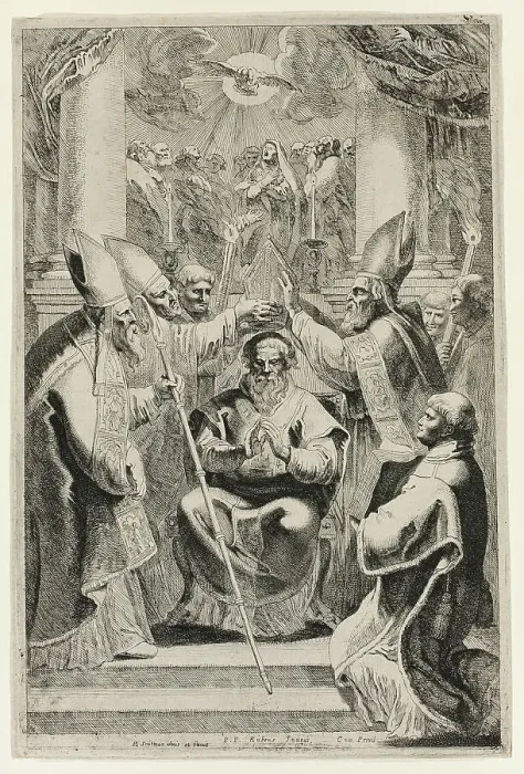 Framed Print : Consecration of the Bishop of Noyon with Scene of Pentecost Above, 1640 / 57. Creator: Pieter Soutman Framed Print : Consecration of the Bishop of Noyon with Scene of Pentecost Above, 1640 / 57. Creator: Pieter Soutman