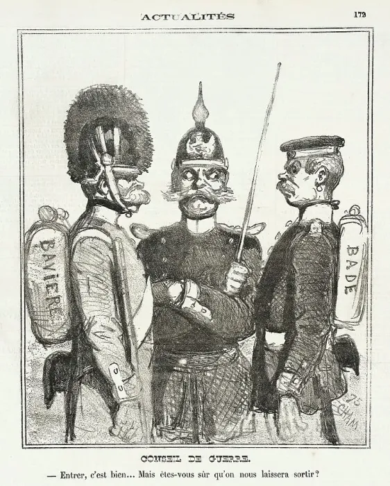 Framed Print : Conseil de guerre. Entrer, c'est bien, mais êtes vous sur qu'on nous laissera sortir, 1870. Creator: Cham Framed Print : Conseil de guerre. Entrer, c'est bien, mais êtes vous sur qu'on nous laissera sortir, 1870. Creator: Cham