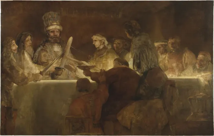 Framed Print : The Conspiracy of the Batavians under Claudius Civilis, 1662. Artist: Rembrandt van Rhijn (1606-1669) Framed Print : The Conspiracy of the Batavians under Claudius Civilis, 1662. Artist: Rembrandt van Rhijn (1606-1669)